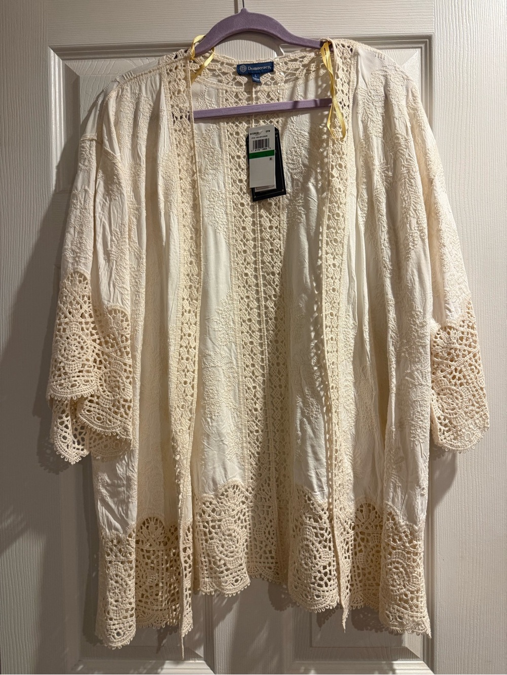 Democracy Cream Crochet-Trim Open Kimono Jacket